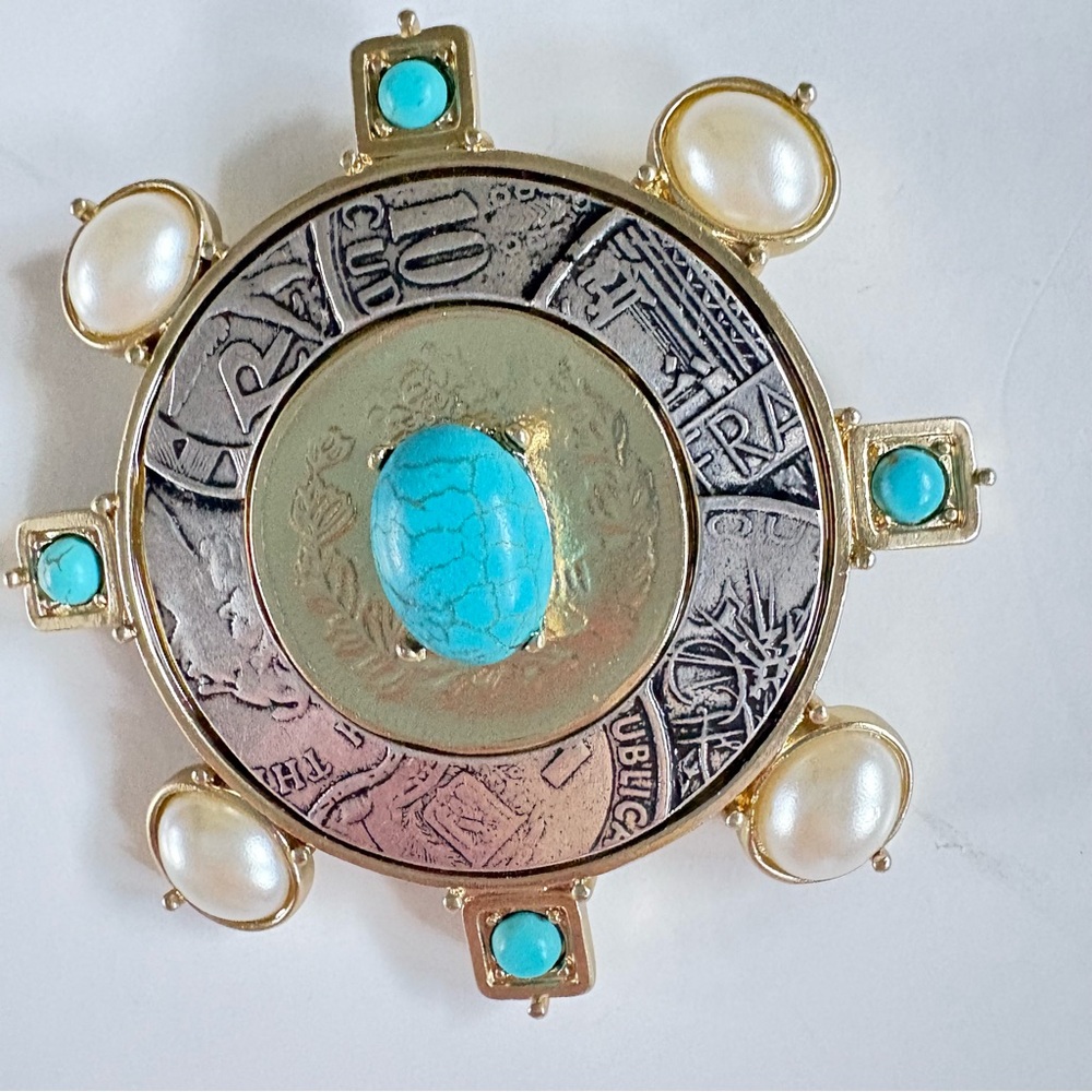 Gold and Blue mixed stones and metals Brooch with Traditional Motifs